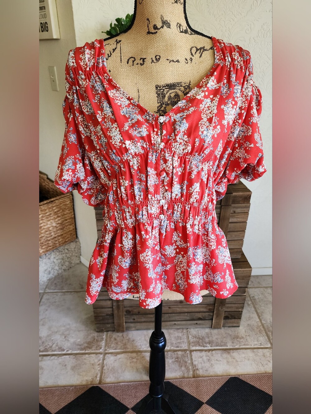 Davi & Dani Red Floral Peasant Top - Women's Smocked Waist Blouse